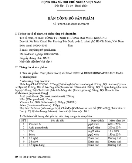 Hình Ảnh Hush & Hush Skin Capsule Clear+ - Viên Uống Giảm Mụn Cao Cấp Từ Mỹ, 3 hình ảnh - sieuthilamdep.com